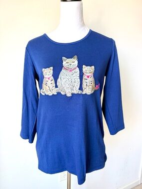 Vintage QUACKER FACTORY Embroidered Rhinestone 3/4 Sleeve Cat Top—SZ. XS